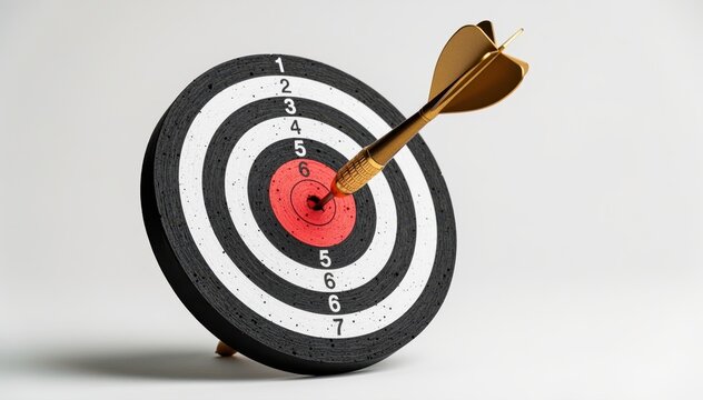 Bullseye Achievement: An up-close view of a dart accurately hitting the bullseye on a dartboard, set against a pristine backdrop, representing focus, precision, and the attainment of goals. 