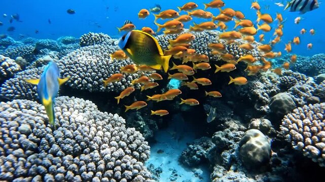 School of bright orange Anthias fish swimming above a hard coral reef with brain corals and acropora, featuring blue tang and sergeant major fish in clear blue tropical ocean water.