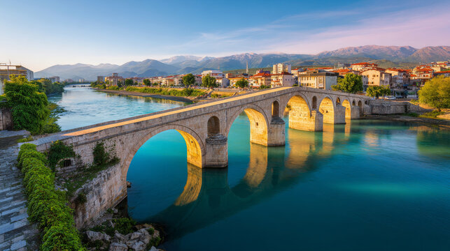 Beautiful spring view of Old Mes Bridge. Colorful morning landscape of Shkoder. Amazing outdoor scene of Albania, Europe. Traveling concept background.