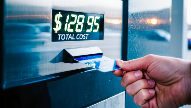 Hand swiping credit card at gas pump showing high total cost