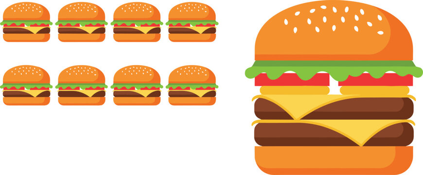 Burger vector illustration set with multiple cheeseburgers and large stacked burger design isolated fast food concept flat style collection
