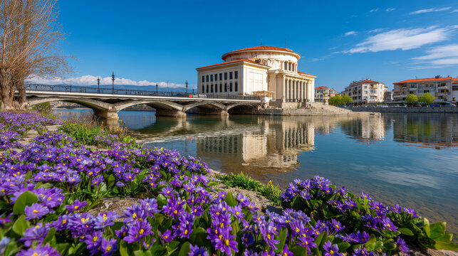 Blooming violet flowers on the shore of Vardar river. Exciting spring cityscape of capital of North Macedonia - Skopje with Archaeological Museum. Colorful view of Art Bridge.