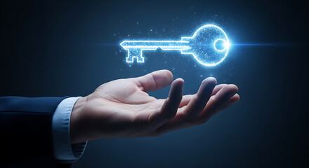 Fototapeta premium Businessman holding glowing key in hand, symbolizing solution or opportunity