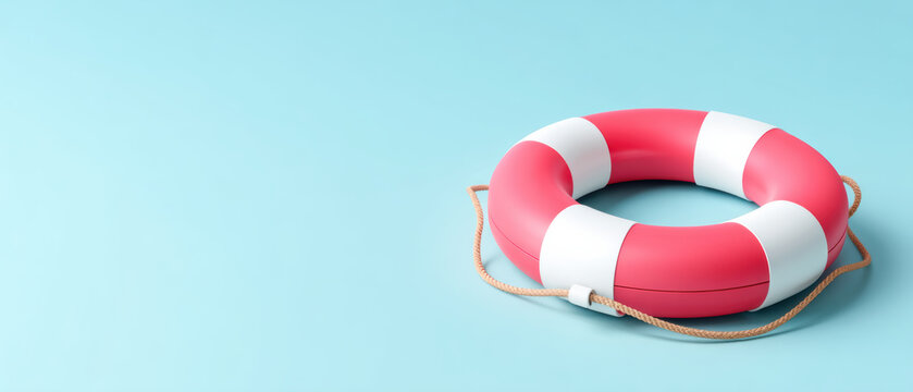 Red and white lifebuoy on blue background, safety and rescue concept, calm scene