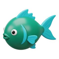 Obraz premium Cute chubby 3D cartoon green fish teal cyan fins, glossy ocean aquatic character isolated icon, kids game mascot
