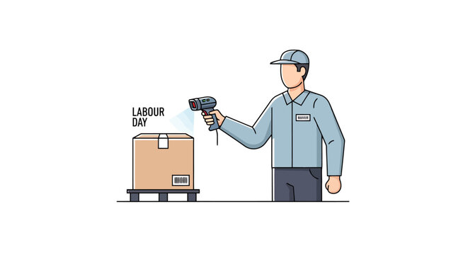 Delivery person scanning a package with a barcode reader to track shipment and organize logistics on a workday for consumer goods distribution and supply chain management services