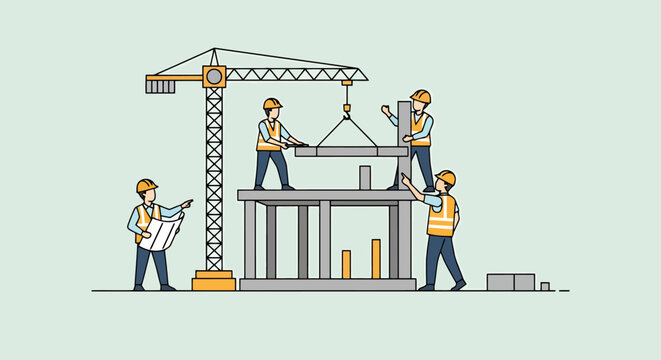 Construction workers meticulously erecting building structure with crane lifting heavy beam on industrial site skilled labor collaborating on urban development project teamwork engineering