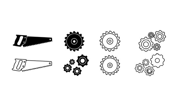 Construction tools icon set with hand saw circular blade gear and cog symbols in black fill and outline style vector