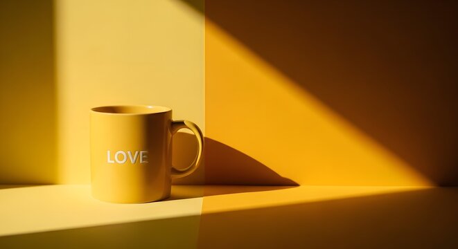 A bright yellow ceramic mug with the word LOVE printed on the side sits on a flat surface against a two-toned wall, illuminated by natural sunlight casting a sharp, dramatic geometric shadow effect.