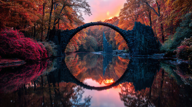 Impressive sunset in Azalea and Rhododendron Park Kromlau, Germany, Europe. Picturesque autumn view of Rakotz Bridge (Rakotzbrucke, Devil's Bridge). Traveling concept background.