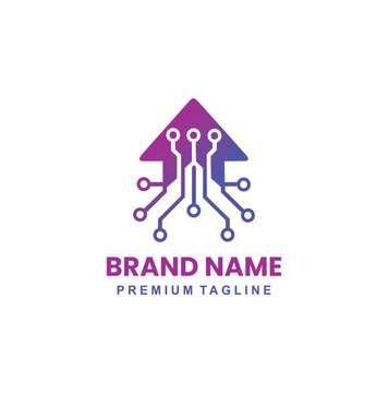 Professional modern technology logo with electronic circuit board pattern icon.