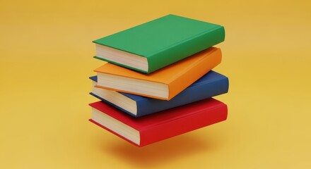 Fototapeta premium Stack of colorful hardcover books floating against a yellow background