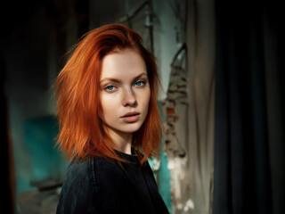 Naklejka premium Redhead woman blue eyes intense gaze messy hair black denim jacket close up portrait grunge style abandoned building urban decay fashion
