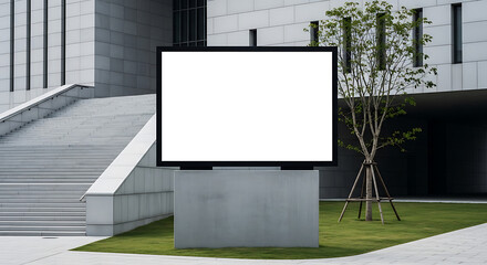 Fototapeta premium Large blank white billboard on concrete base in front of modern building