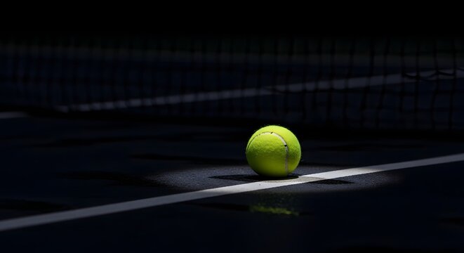 A single bright yellow tennis ball rests perfectly on the white baseline of a dark outdoor hard court, illuminated by a dramatic spotlight that highlights the textured felt surface of the sphere.