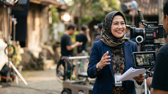Attractive older female film director in a hijab leading a professional crew on an outdoor movie set. Great for media production, career diversity, and professional film industry content.