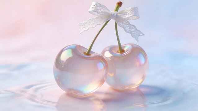 Two glossy cherries with a lace bow