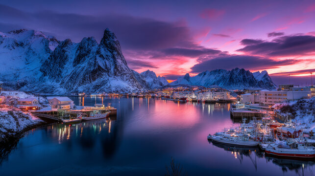 Amazing evening view of Ballstad port. Spectacular winter sunset on Lofoten Islands, Norway, Europe. Splendid sescape of Norwegian sea.  Life over polar circle.