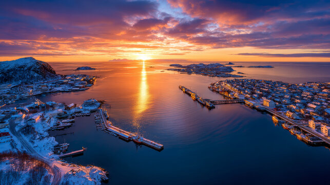 Amazing evening view of Ballstad port. Spectacular winter sunset on Lofoten Islands, Norway, Europe. Splendid sescape of Norwegian sea.  Life over polar circle.