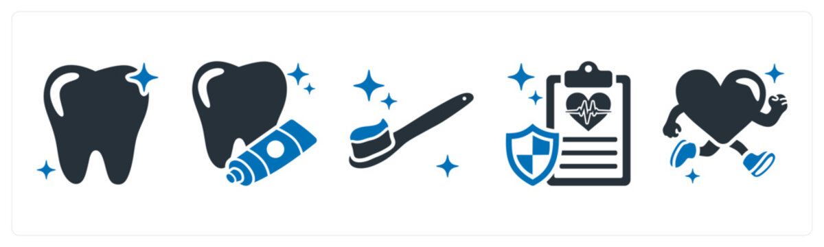 A set of 5 mix icons as dental care, tooth paste, tooth brush
