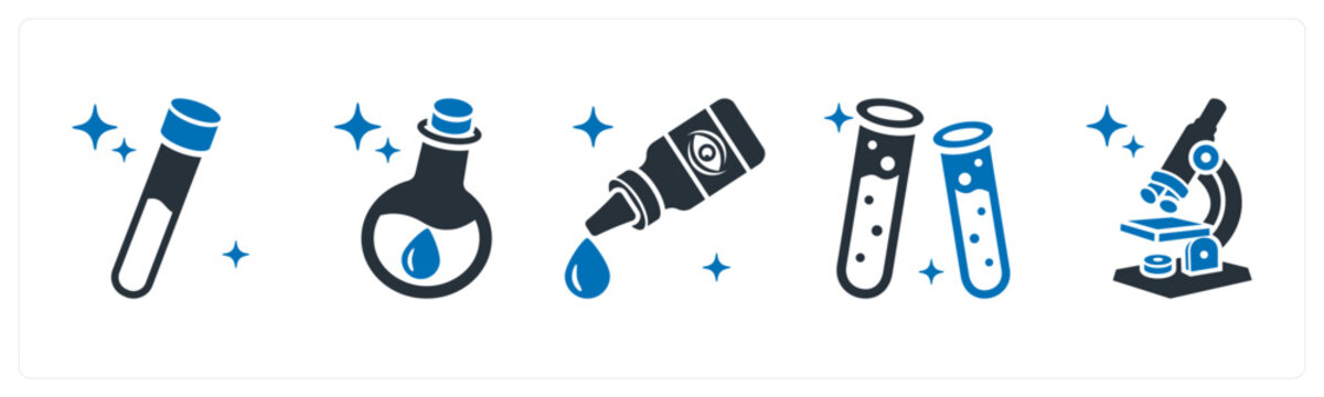 A set of 5 mix icons as blood sample, chemical bottle, eye drops