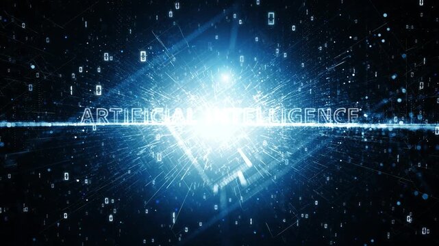 Artificial intelligence text glowing in a dark blue digital tunnel with flying binary numbers, representing data flow, machine learning, and futuristic technology. Seamless looping.