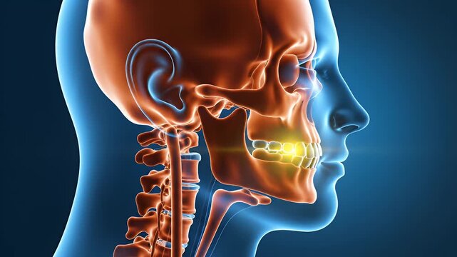 Side view of a human skull with glowing teeth representing toothache or dental problems in a medical 3d render