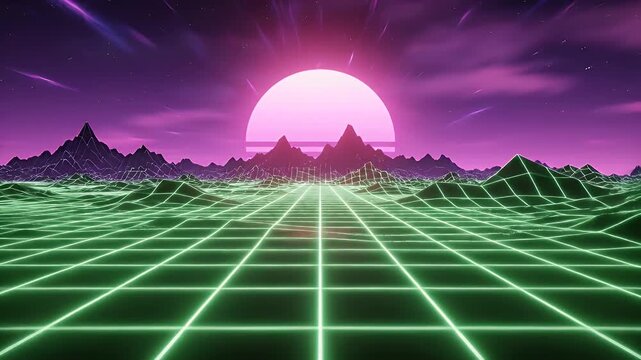 Retro futuristic synthwave landscape with a neon green grid floor and a large glowing sun over mountains