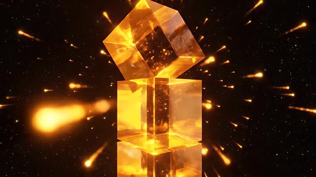 Three dimensional glowing golden cubes rotate slowly as bright energy particles explode in the background