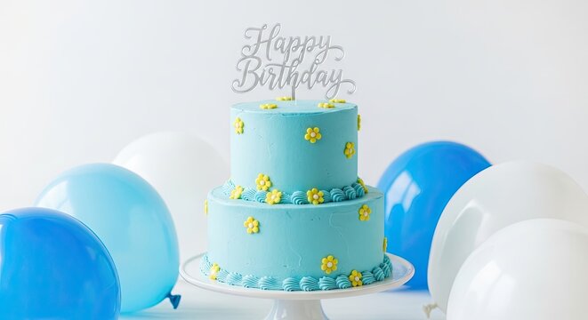 Whimsical two tiered birthday cake with 'sweet one' topper and balloons
