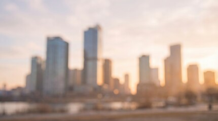 Fototapeta premium Blurred cityscape with modern buildings and warm sunset light creating an abstract urban background.