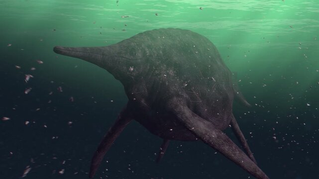 Majestic 4K 3D CGI animation capturing a lone giant Shonisaurus ichthyosaur swimming horizontally through a deep, murky prehistoric ocean with shafts of light filtering down and small marine life