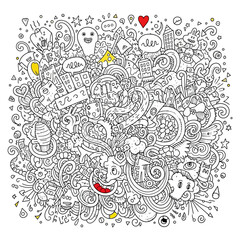 Naklejka premium Whimsical Doodle Art Collage with Icons