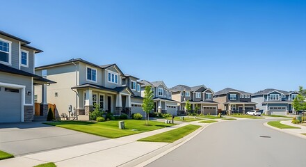 Obraz premium A peaceful suburban street lined with modern two-story houses featuring manicured green lawns under a clear blue sky.