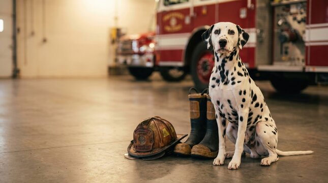 Dalmatian dog sitting by firefighter gear inside a fire station with fire truck in background.