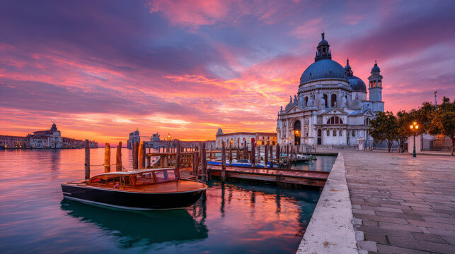 Fantastic spring sunrise in Venice with San Simeone Piccolo church. Colorful evening scene in Italy, Europe. Magnificent Mediterranean landscape. Traveling concept background.