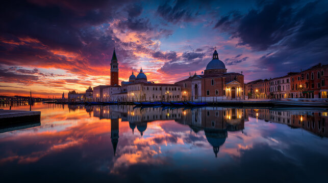 Fantastic spring sunrise in Venice with San Simeone Piccolo church. Colorful evening scene in Italy, Europe. Magnificent Mediterranean landscape. Traveling concept background.