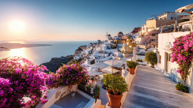 Sunny morning panorama of Santorini island. Picturesque spring sunrise on the famous Greek resort Fira, Greece, Europe. Traveling concept background. Artistic style post processed photo.