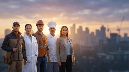 Plakat Diverse group of professional workers standing together with a city skyline at sunset.