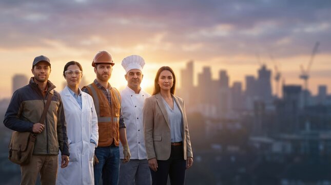 Diverse group of professional workers standing together with a city skyline at sunset.