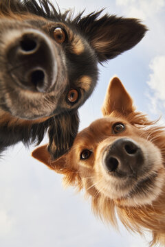 Two dogs, one black and tan and the other golden, looking down at the camera against a blue sky with clouds, showcasing their curious expressions and playful demeanor