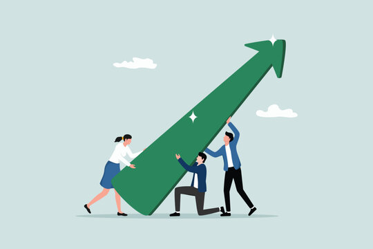 Teamwork efforts to help business growth, or support business growth, cooperation to improve and develop performance concepts, business team members help drive the arrow graph that continues to rise.
