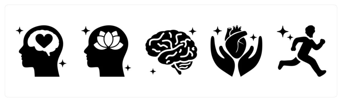 A set of 5 mix icons as mental health, stress relief, brain
