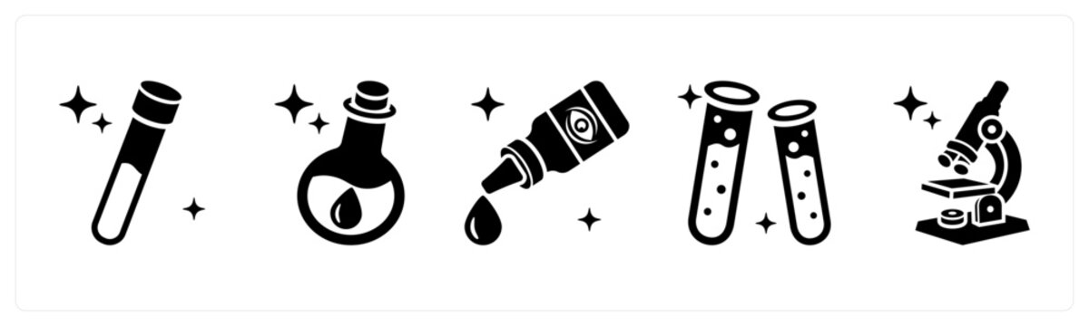 A set of 5 mix icons as blood sample, chemical bottle, eye drops