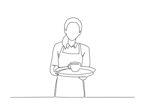 Continuous one line drawing of female barista holding a cup of coffee. Editable line vector.