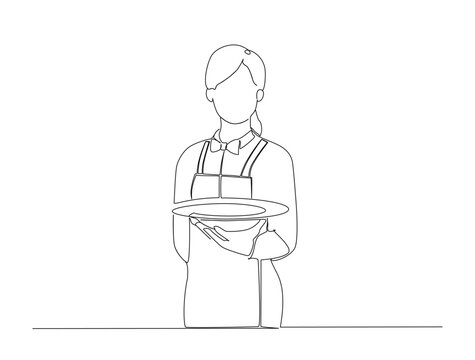 Continuous one line drawing of waitress holding a tray for a food service single line art concept of restaurant bar and cafe. Editable line vector.