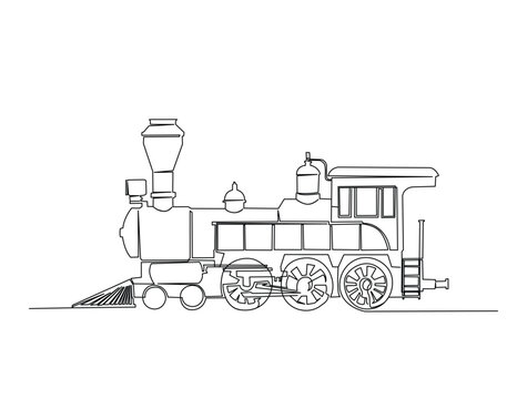 Continuous one line drawing of vintage steam train. Editable line vector.
