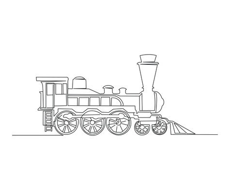 Continuous one line drawing of vintage locomotive steam train. Editable line vector.