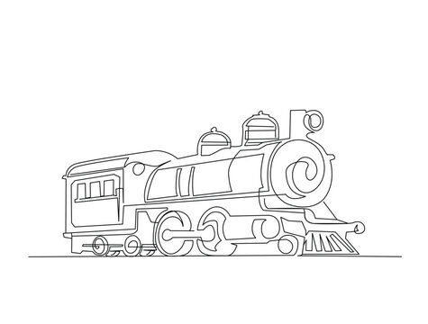 Continuous one line drawing of vintage locomotive steam train. Editable line vector.