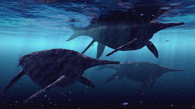 Majestic 4K 3D animation capturing a large pack of giant Shonisaurus ichthyosaurs swimming and migrating through a deep prehistoric ocean with shafts of light filtering down and vast schools of fish